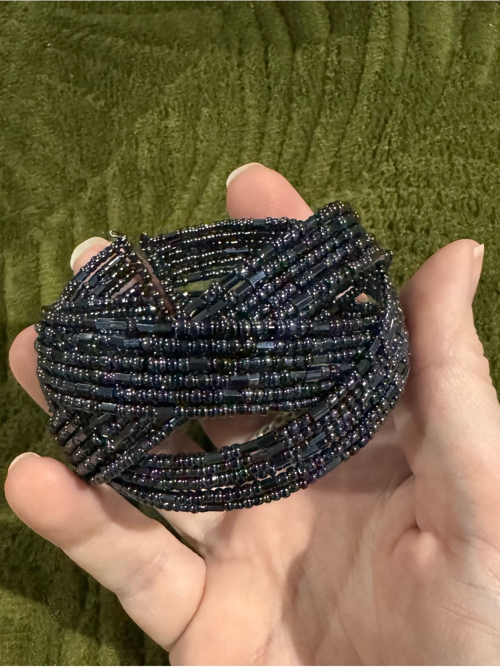 Glass Beaded Multi-Strand Woven Cuff Bracelet Iridescent Dark Blue Purple Black
